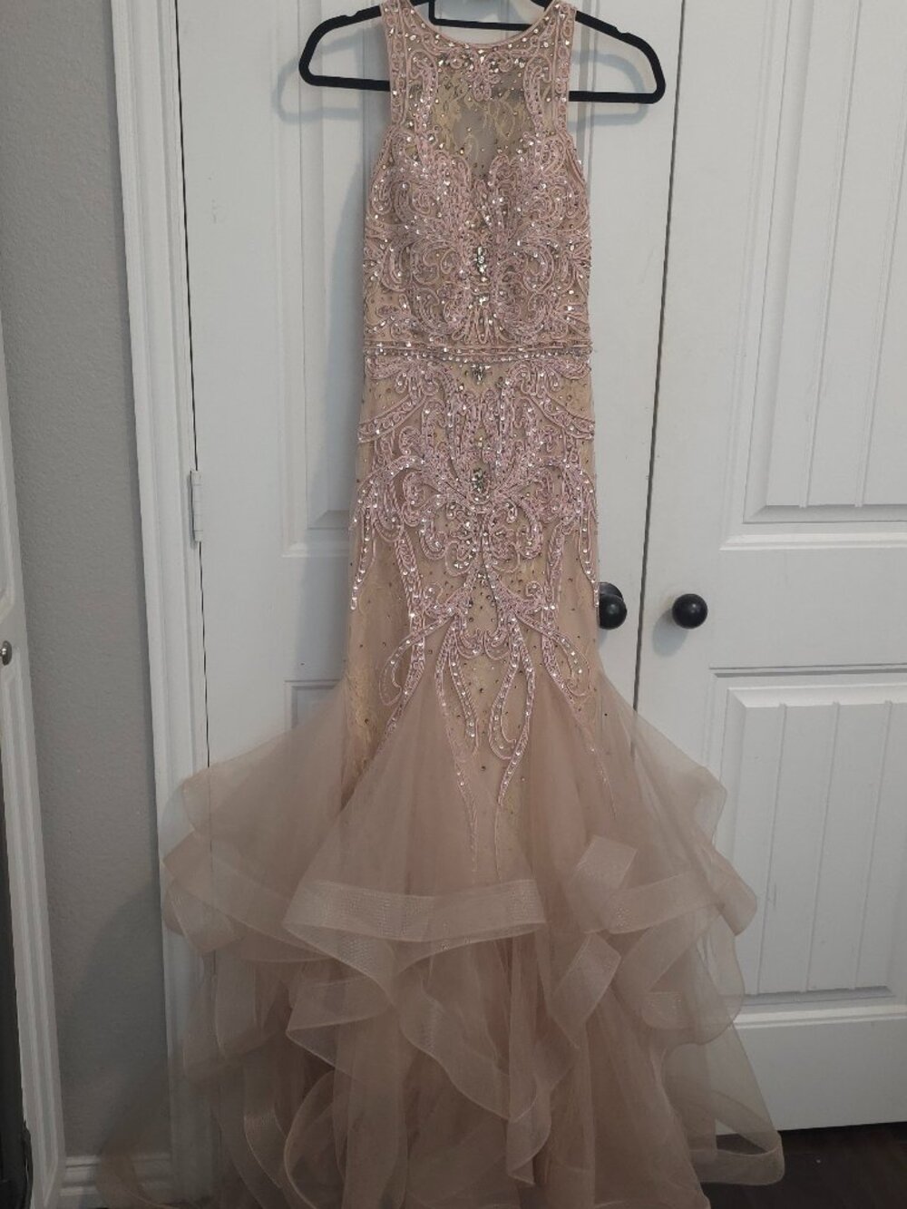 Camille La Vie Beaded Appliqué Halter Blush Pink Tulle Long Gown -Woman's Size 0
